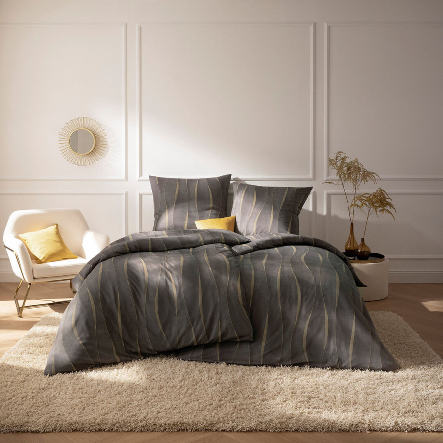 Estella Mako Jersey Bettwäsche Caja mit Wellenmuster in Anthrazit, Braun und Ocker, B/H: 135 x 200 cm mit Kissenbezug 80 x 80 cm - Bild 1