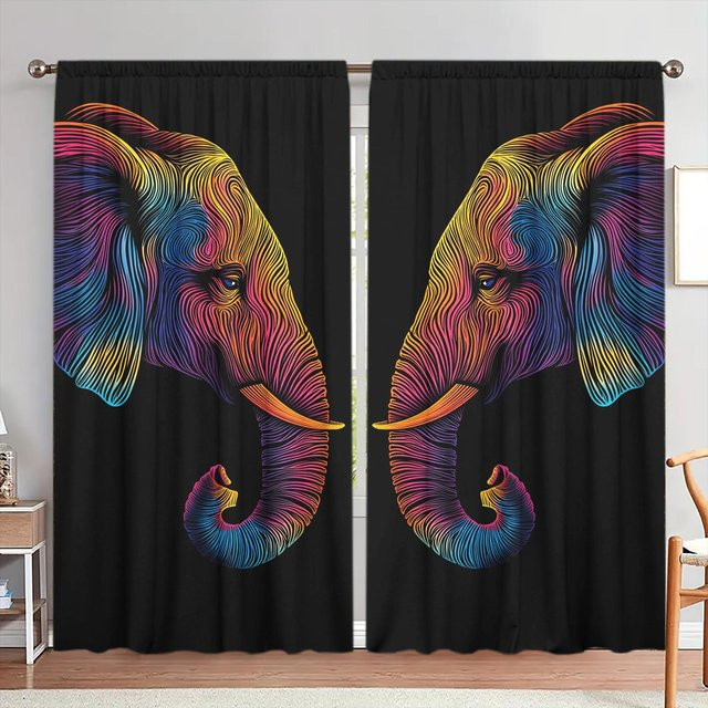 2er-Set Vorhang mit Elefantenmuster in Schwarz, halbtransparent, Breite: 52,5 cm, Höhe: 116 cm - Bild 1