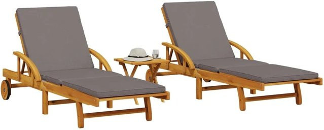 vidaXL Sonnenliegen Set aus Massivholz Akazie mit Tisch und Polsterauflage, 2 Stück, B/T/H: 200 x 68 x 30-83 cm - Bild 1