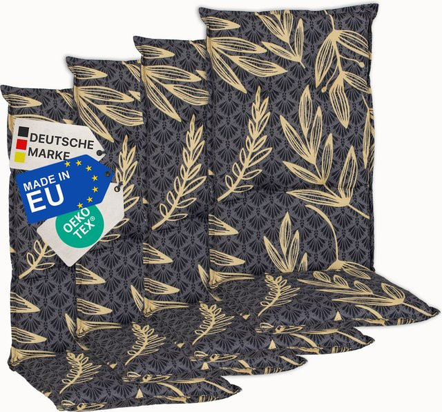 NYVI Gartenstuhl-Auflage Barcelona Hochlehnerauflage für Gartenstühle 4er Set Goldene Blätter in Gold und Grau - Bild 1