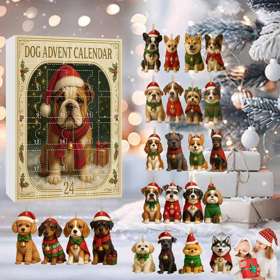 APWIKOGER Adventskalender 2025 mit 24 Tagen, Lustige Französische Bulldogge Weihnachtsbaumdekoration aus Acryl, Buntes Hund Ornament für Kinder - Bild 1