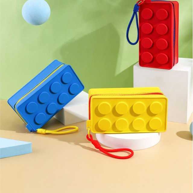 Untior Mehrzweck-Silikonbeutel im Lego-Block-Design mit Reißverschluss und Tragegurt, Kosmetiktasche und Schreibwarenbeutel, Blau - Bild 1
