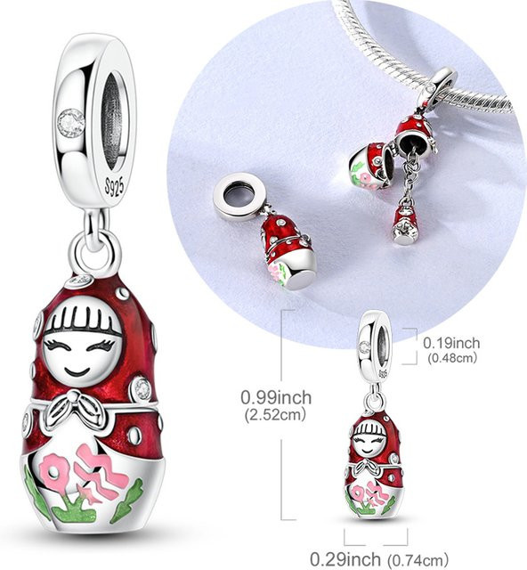Charm-Anhänger 925 Silber, rote russische Nistpuppe, Perle, Unisex - Bild 1