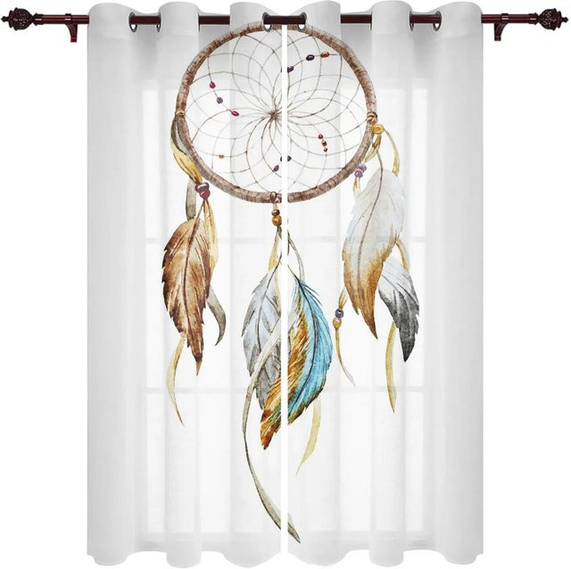 Yiran Furniture Boho Traumfänger Fenstervorhang mit Aquarell Feder Muster, transparentes Voile, Farbe: Weiß, B: 100 cm, H: 130 cm - Bild 1