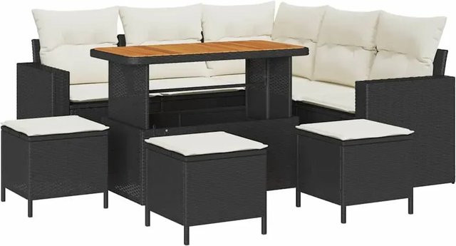 vidaXL Garten-Sofa-Set 9-teilig aus Polyrattan in Schwarz mit beigefarbenen Polstern und Couchtisch in U-Form - Bild 1