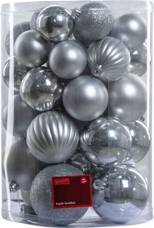 Trendline Christbaumkugeln Set in Silber und Grau, 34 runde Weihnachtskugeln aus Glas und Kunststoff für dein Weihnachtsdeko-Design - Bild 1