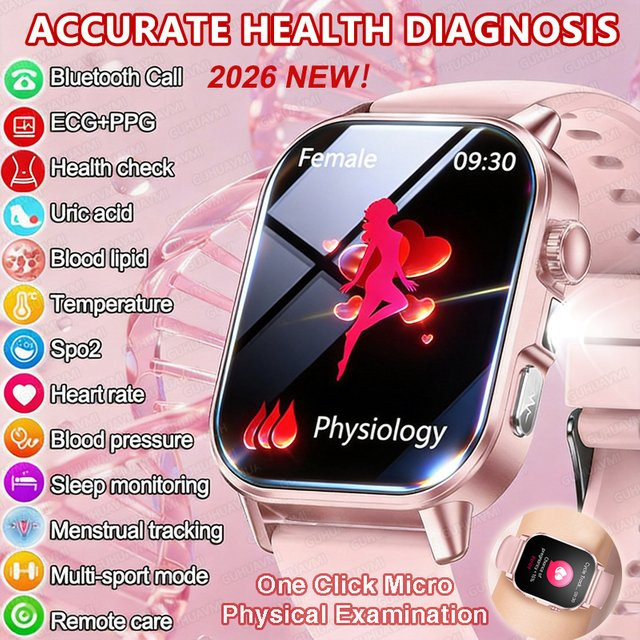 GUHUAVMI Smartwatch für Damen in Pink mit EKG- und PPG-Blutdruck-Diagnose, Blutfett- und Harnsäure-Messung sowie Menstruations- und Körpergesundheits-Tracker - Bild 1