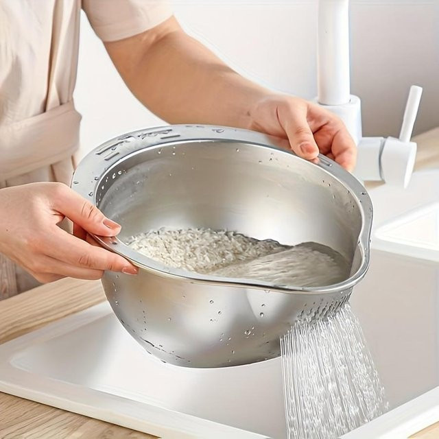YC Direct Mehrzweck-Küchensieb aus Edelstahl in Silber zum Waschen von Reis, Obst und Gemüse - Bild 1