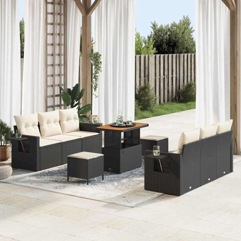 vidaXL Garten-Sofa-Set aus Polyrattan und Stahl, 9-teiliges Loungemöbel-Set in Schwarz und Creme, B/T/H: 90 x 55 x 71 cm - Bild 1