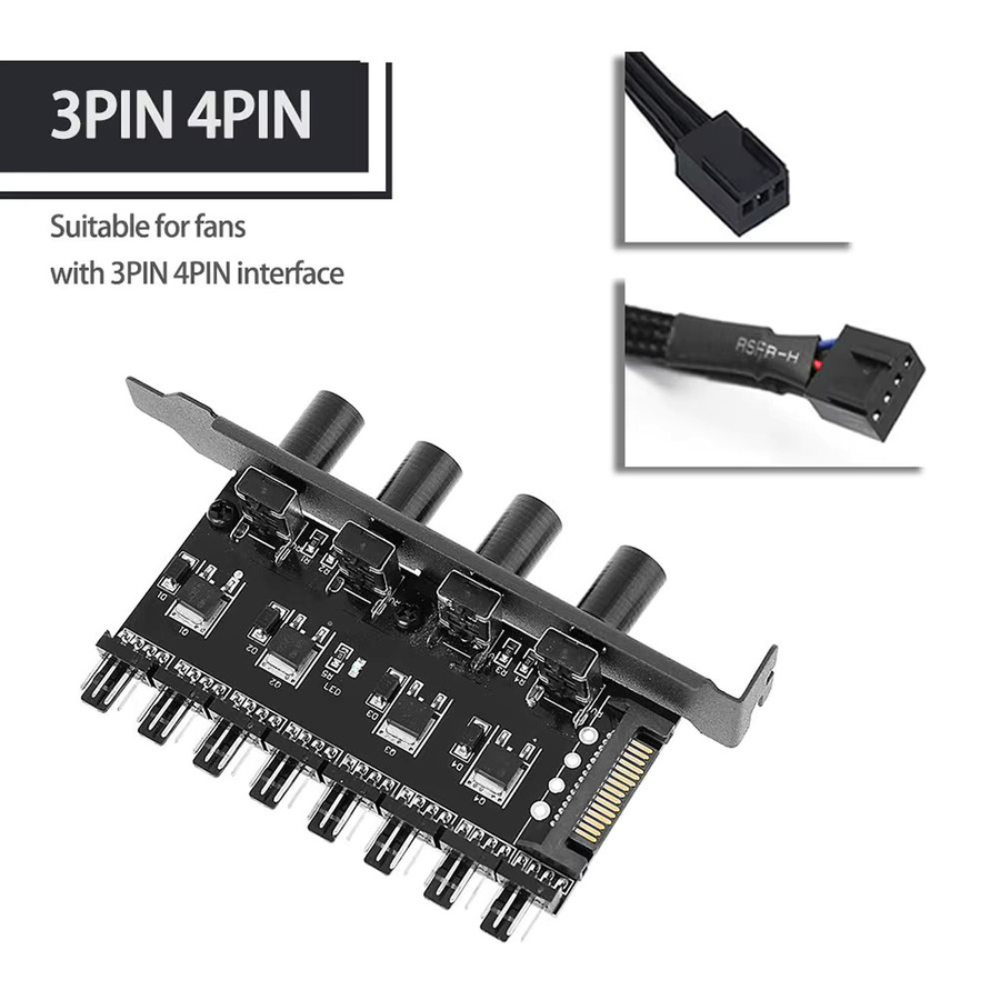 8-Kanal Lüfter-HUB mit 4-Pin SATA-Stromversorgung und Geschwindigkeitsregler für 3-Pin und 4-Pin Lüfter, Schwarz - Bild 2