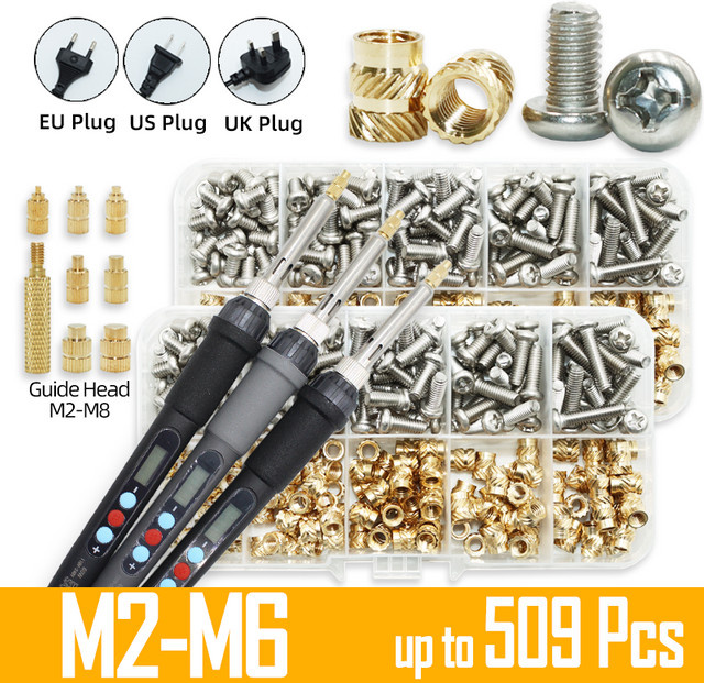 YMAX Wärme Set mit Lötkolben-Spitze für Hot Melt Messing-Gewindeeinsätze M2 M3 M4 für 3D-Druck Kunststoff-Anwendungen in Gold/Messing - Bild 1
