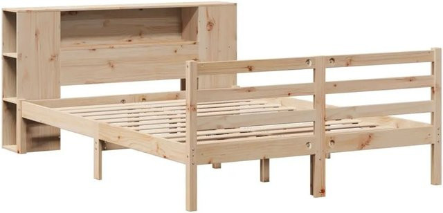 vidaXL Massivholzbett aus Kiefernholz mit Kopfteil und Regal in Braun, B/T/H: 140 x 190 cm - Bild 1