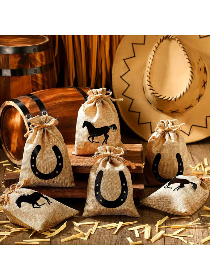 5-teiliges Set Geschenktüten mit Western-Pferd und Hufeisen-Muster von HGDTFF in Beige aus Papier und Jute für deine Cowboy-Geburtstagsparty - Bild 5