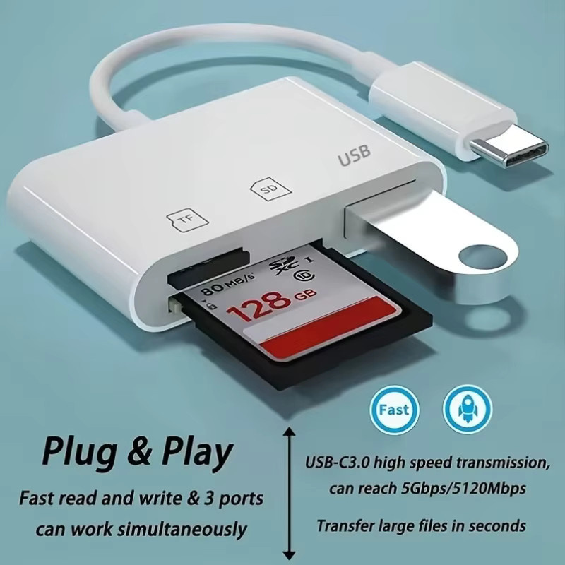 3-in-1 USB-C Speicherkartenleser für TF, CF und SD Karten in Weiß - Bild 2