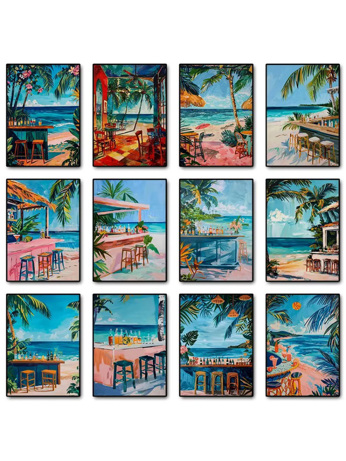 Potdemiel Wandkunst Poster Karibische Strandbar Tropische Cocktailbar am Meer im Querformat, Mehrfarbig - Bild 2