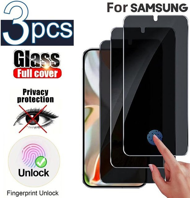 3er-Pack Samsung Galaxy S24 S23 S22 S21 Ultra Plus Anti-Spionage Panzerglas mit Fingerabdruck-Entsperrung und vollständiger Abdeckung in Schwarz und Transparent - Bild 1