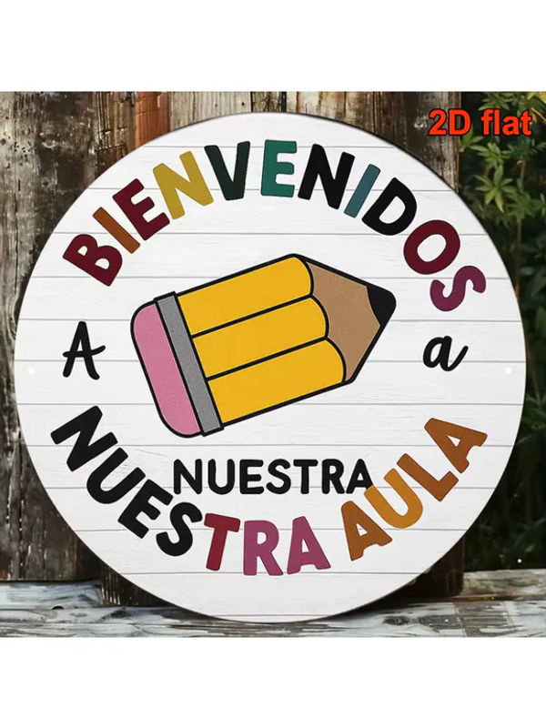 Rundes Vintage-Willkommensschild aus Metall in Weiß mit spanischem Slogan Bienvenidos a Nuestra Aula, Durchmesser: 20,32 cm - Bild 7
