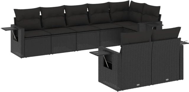 vidaXL 8-teilige Garten-Sofagarnitur in L-Form aus schwarzem Poly-Rattan mit Sitzkissen und Rückenkissen - Bild 1