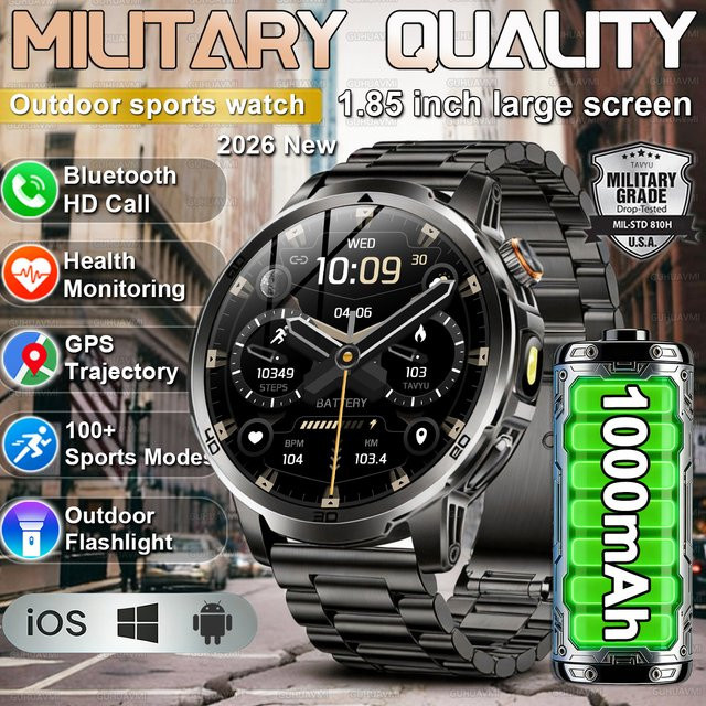 GUHUAVMI Militärische Outdoor-Smartwatch mit 1,85 Zoll AMOLED Display, 1000mAh Akku, 10ATM Wasserdichtigkeit und Anruffunktion, Sport-Fitness-Armband für Männer in Schwarz und Orange - Bild 1