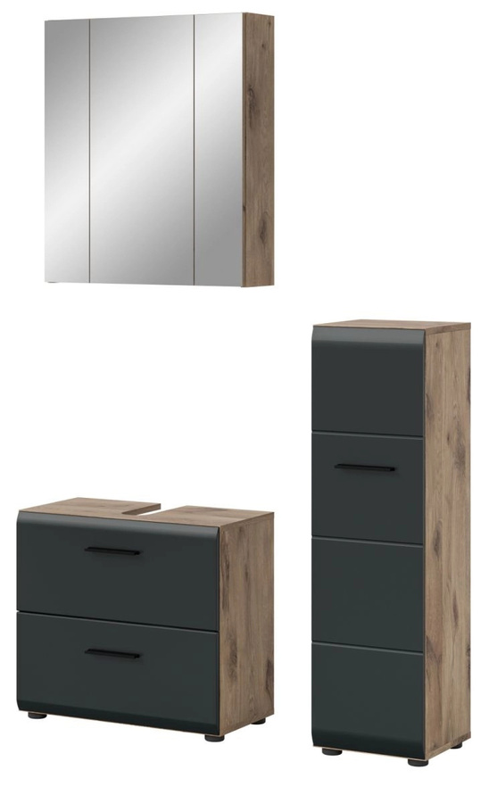 Badmöbel Set Cover 3-teilig in Schwarz und Eiche mit Waschtischunterschrank und Spiegelschrank mit LED-Beleuchtung, Breite: 105 cm - Bild 2