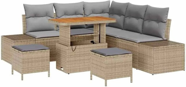 vidaXL Garten-Sofa-Set aus Polyrattan in Beige, 8-teiliges L-Shape Lounge-Set mit Polsterung und integrierter Stauraumfunktion - Bild 1