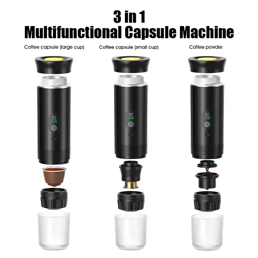 PLUZZ Tragbare 3-in-1 Espresso-Kaffeemaschine mit Digitalanzeige in Schwarz für Auto, Camping und Zuhause - Bild 3