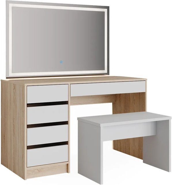 Vicco Schminktisch Sherry Weiß/Sonoma mit LED Spiegel und Hocker, Breite: 55 cm - Bild 2
