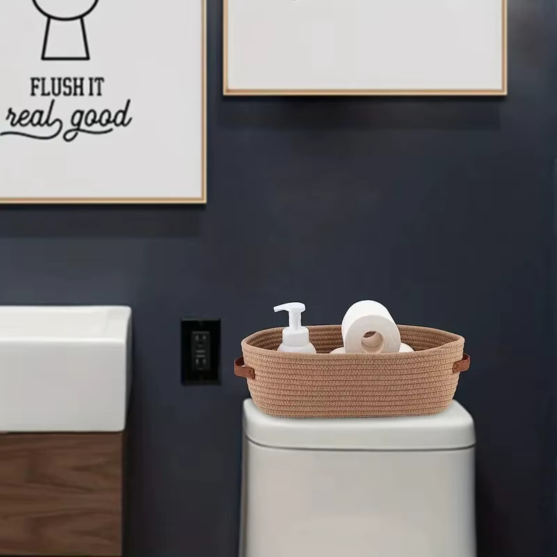 Ovaler geflochtener Badezimmer-Aufbewahrungskorb in Beige und Weiß als multifunktionaler Organizer für Schreibtisch, Toilettenpapier oder Spielzeug - Bild 3