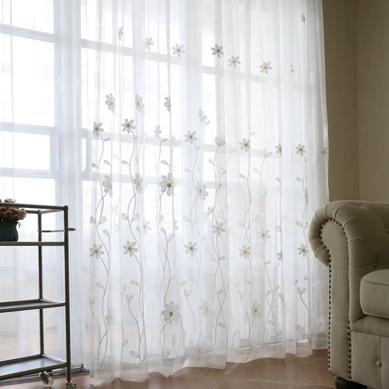 AiFish Transparent Voile-Vorhang mit Blumenstickerei in Weiß, Breite: 100 cm, Höhe: 180 cm - Bild 3