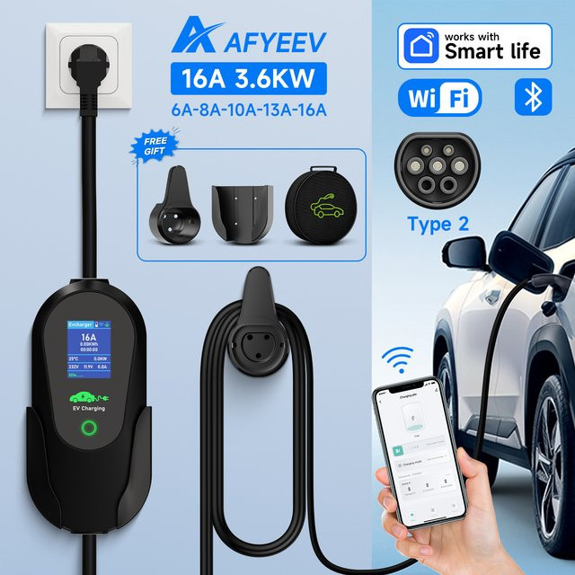 AFYEEV Tragbares Typ 2 EV-Ladegerät für Elektroautos mit 3600 W, WiFi und Bluetooth App-Steuerung, Schwarz - Bild 1