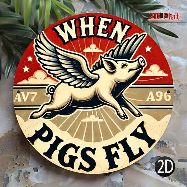 Vintage Flying Pig Metallwandkunst Potdemiel rundes Eisenschild mit When Pigs Fly Design Durchmesser: 20,32 cm - Bild 1