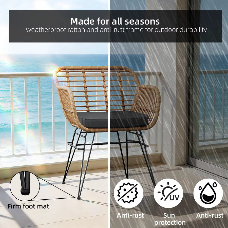 3-teiliges HiMISS Bistro-Set aus wetterfestem Rattan in Grau mit 2 Stühlen inklusive Kissen und 1 Tisch für Garten, Balkon oder Terrasse - Bild 4