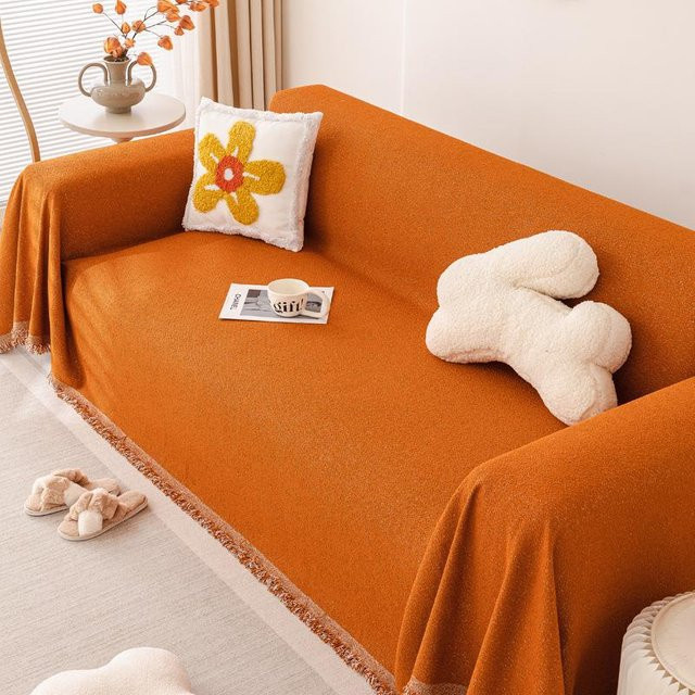 Universelle Chenille-Sofaüberwurf in Orange, atmungsaktive und staubdichte Couch-Schutzhülle im Boho-Design, B/B: 180 x 130 cm - Bild 1