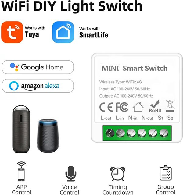 Tuya WiFi Smart Switch Modul für 2-Wege-Steuerung, 16A Mini-Schalter kompatibel mit Tuya App, Smart Life, Alexa und Google Assistant - Bild 1