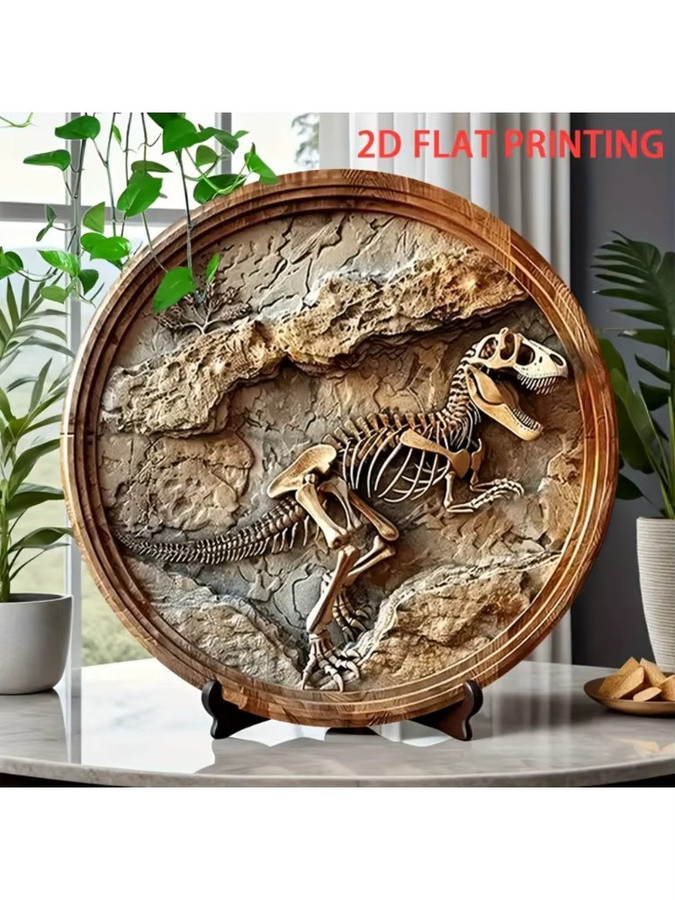 HELLOYOUNG Vintage Dinosaurier-Fossil-Skelett Metall-Wandkunst, Runde 2D Wanddekoration in Braun, Durchmesser: 20 cm - Bild 5