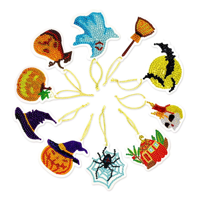10er Set DIY Diamantmalerei Halloween Anhänger mit Kürbis, Spinne und Geist als Mosaik-Ornament in Mehrfarbig - Bild 2