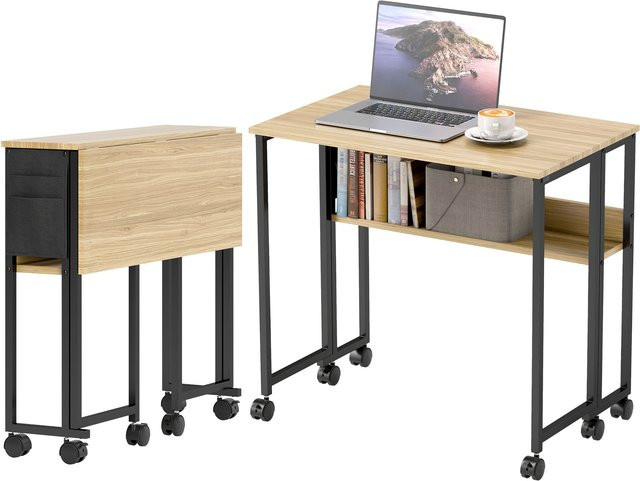HOMCOM Klappbarer Computertisch mit Rollen und Regal in Eiche, Schreibtisch für Home Office und Schlafzimmer, B: 80 cm, T: 50 cm - Bild 1