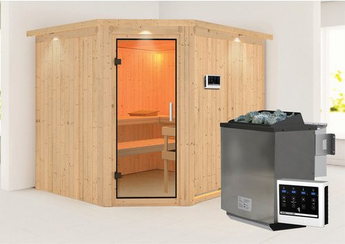 KARIBU Sauna Haaspsalu Bio-Kombi-Sauna aus Fichtenholz mit 9 kW Saunaofen und externer Steuerung für 4 Personen, braun, B/T/H: 245 x 210 x 202 cm - Bild 1