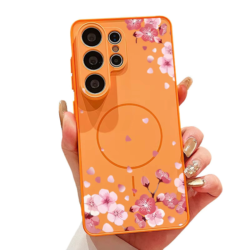 Magnetische Handyhülle mit Blumenmuster für Samsung Galaxy S25 S24 S23 S26 Ultra Edge A55 A36 A16 in Orange - Bild 5