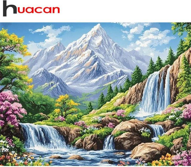 Huacan DIY Diamond Painting Set High Mountain Wasserfall mit Blumen und Bäumen, Rund, Mehrfarbig, Durchmesser: 50 cm - Bild 1