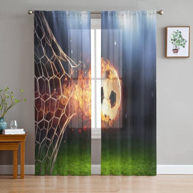 Super Six Transparentes Tüll-Voile-Organza-Vorhang mit Fußballfeld-Motiv, Schwarz/Mehrfarbig, Breite: 135 cm, Höhe: 114 cm - Bild 1