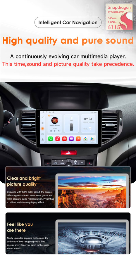 Hizpo Android 14 Autoradio für Honda Accord 8 (2008-2012) und Acura TSX mit 9 Zoll Display, Qualcomm Snapdragon 6115, AI CarPlay, GPS, DSP und Bluetooth 5.4 in Schwarz - Bild 2
