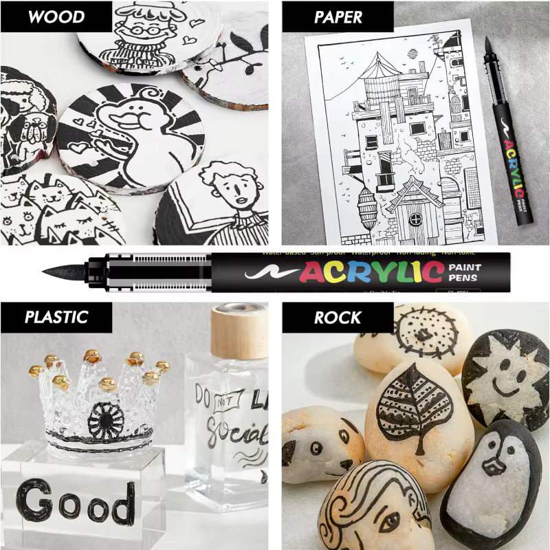 Kolorowys Acrylmarker Set mit 12 Stück, Wasserbasierte Markerstifte mit weicher Pinselspitze in Schwarz, Weiß, Gold, Silber und Multicolour für Steinmalerei und Holz - Bild 2