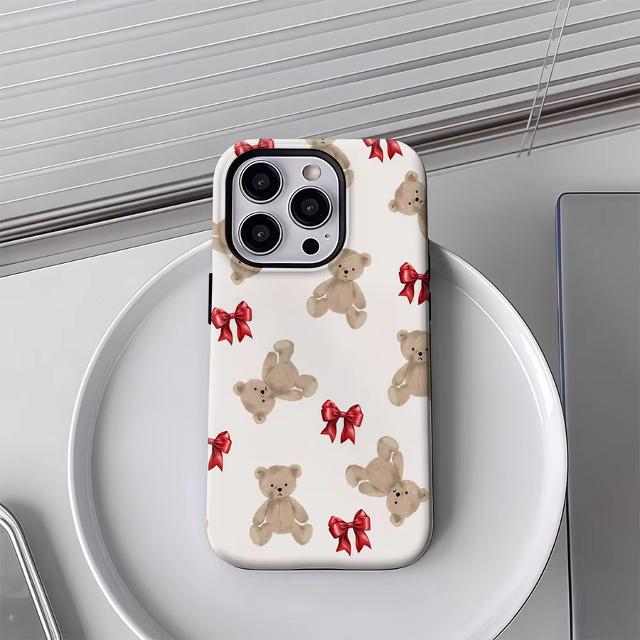 Handyhülle mit Teddybären und roten Schleifen für Apple iPhone 17 16 15 14 13 12 Pro Max Plus, doppelschichtige Rückseite, rot und mehrfarbig - Bild 3