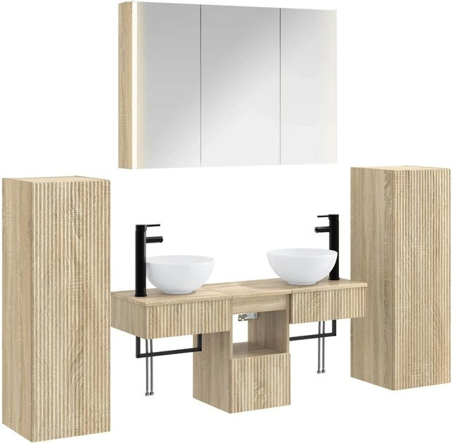 6-tlg. Badezimmermöbel-Set vidaXL in Sonoma-Eiche mit Waschtischunterschrank, Wandunterschrank, Spiegelschrank und LED-Beleuchtung, Braun - Bild 1