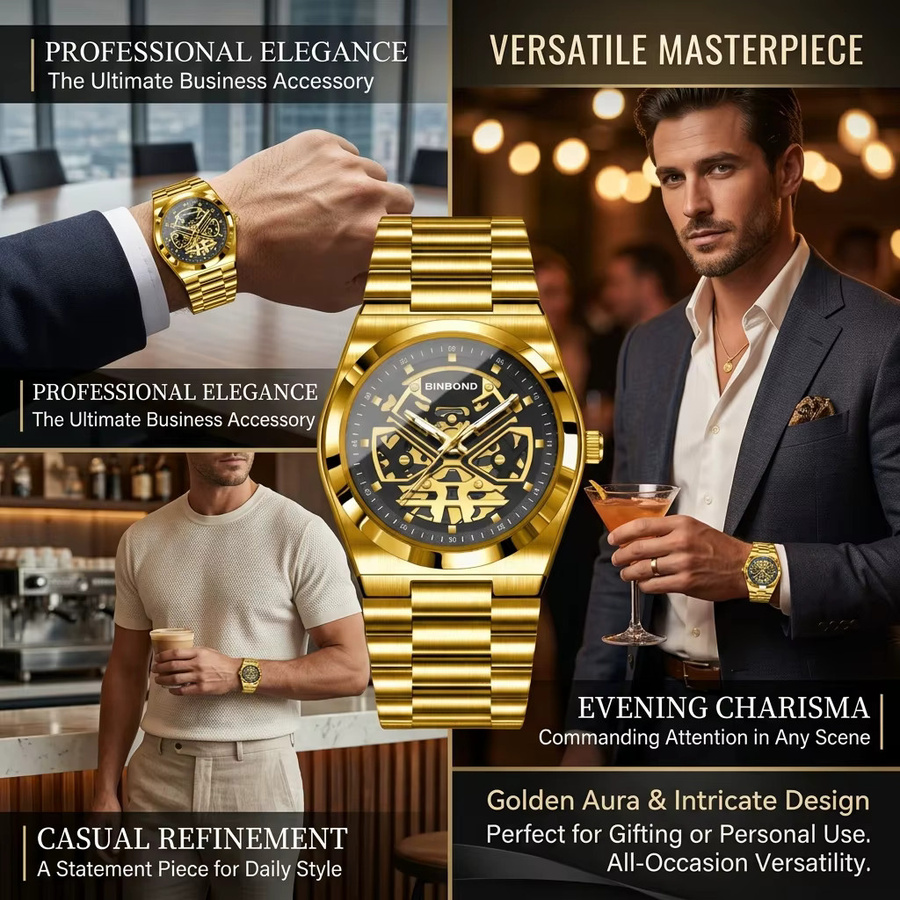 BINBOND Armbanduhr, Quarz, Edelstahl, Gold, Grün, Herren - Bild 4