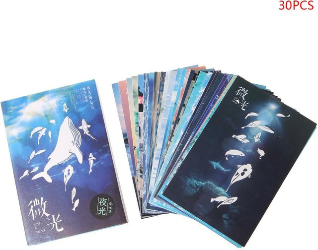 30 Stück Vintage Leuchtende Postkarten Glow In The Dark Ozean Motiv in Blau aus Papier - Bild 1