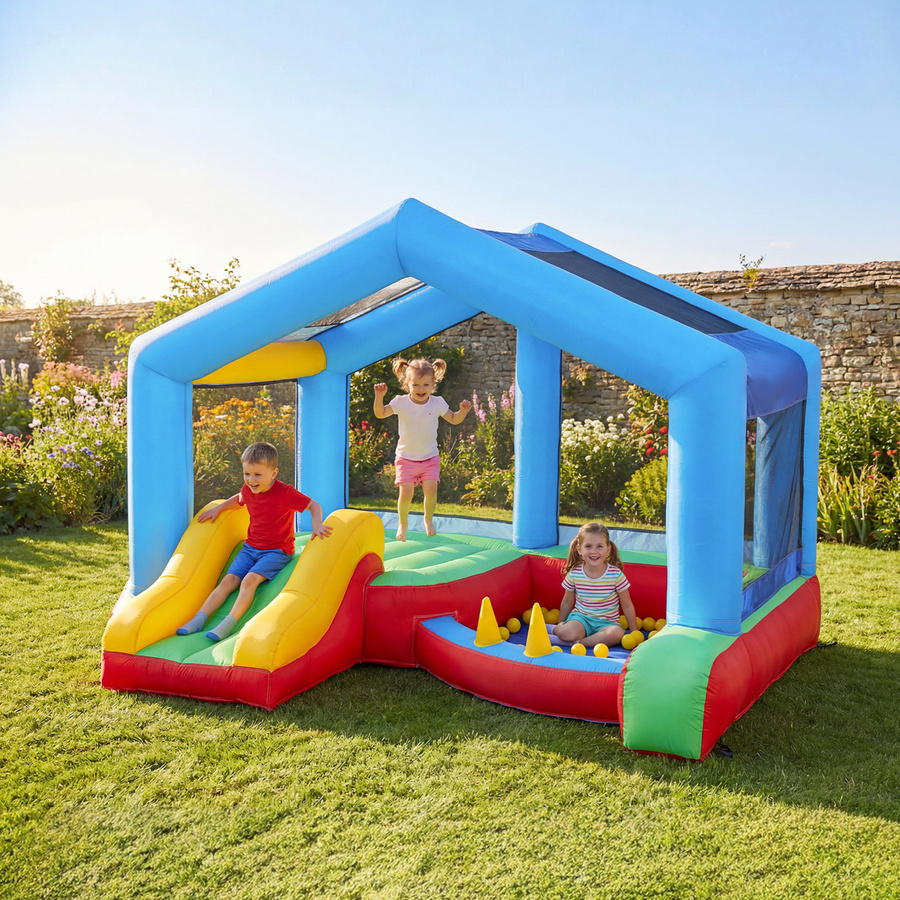 Aosom Aufblasbares Kinderschloss mit Gebläse, Rutsche, Trampolin, Bällebad, Ringwurfspiel, Sonnendach, Tragetasche, Indoor & Outdoor - Bild 2