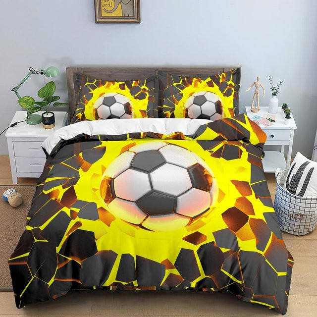 Fußball Bettwäscheset mit 3D-Druck in Blau und Gelb, Polyester-Bettbezug und Kissenbezug für Kinder und Jugendliche, B/H: 135 x 200 cm - Bild 1