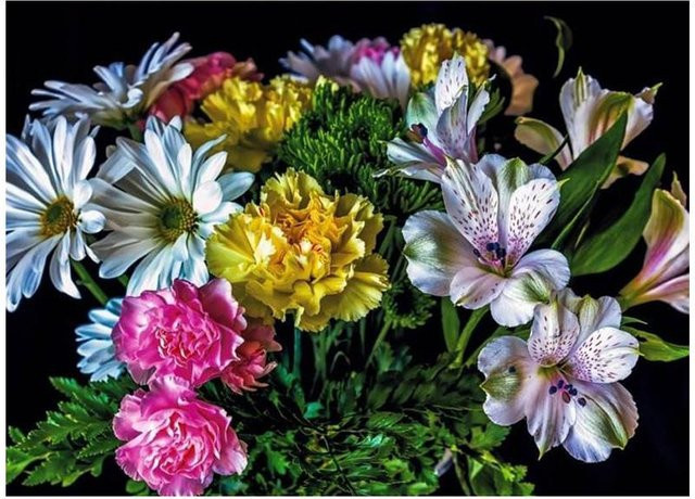FIYO 5D Diamantmalerei Blumenmotiv mit Lilien, Gänseblümchen und Nelken in Grau und Mehrfarbig, B/H: 20 x 30 cm - Bild 1